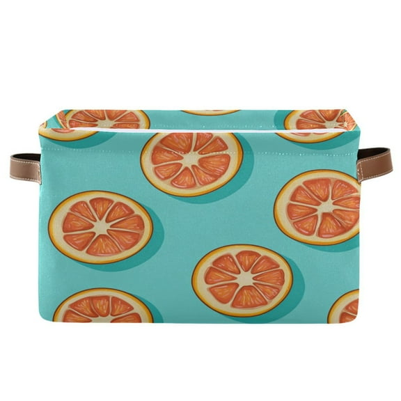 WOBOGO Halved Orange Pattern Square Storage Basket with Waterproof Canvas and PE Lining Durable PU Leather Handles 14.2×10.2×8.3in