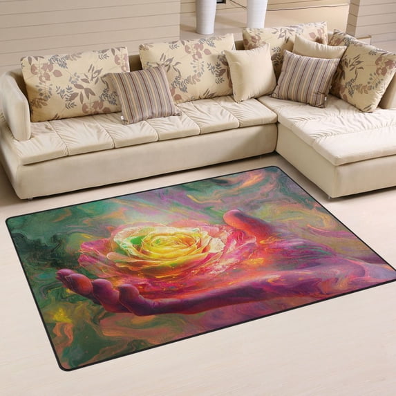 WOBOGO Hand Holding A Rose Carpet Non-Slip Rugs Soft Doormat 60×39in Living Dining Room Bedroom Decorative