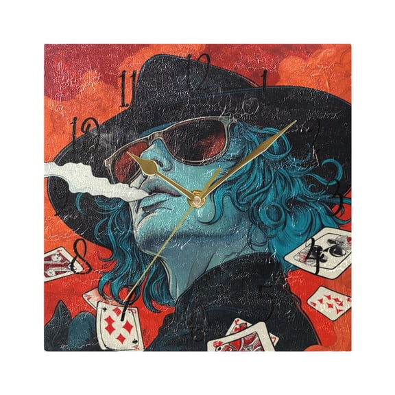 WOBOGO Handsome God Of Gamblers Wall Clock 7.78 Inch Battery Operated Silent Unit Square Rustic Vintage Style for Home Bedroom Office Gold Pointer