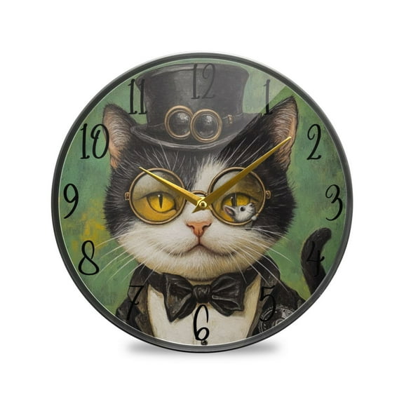 WOBOGO Handsome Milk Cow Cat Acrylic Wall Clock Battery Operated 9.5in Silent No Tick Bedroom Living Room Office Classroom Decoration