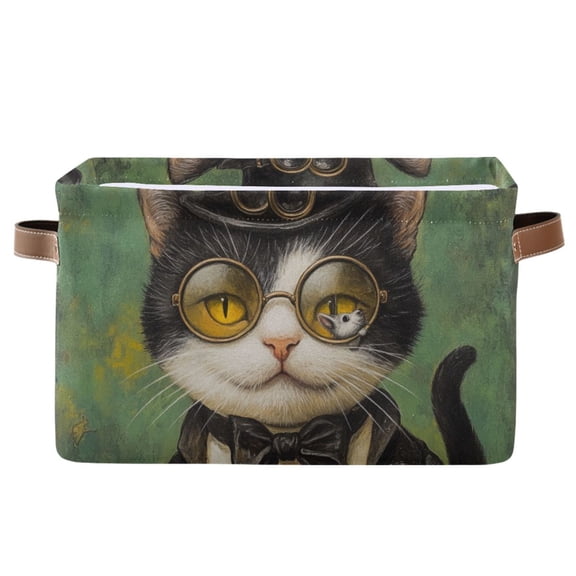 WOBOGO Handsome Milk Cow Cat Square Storage Basket with Waterproof Canvas and PE Lining Durable PU Leather Handles 14.2×10.2×8.3in