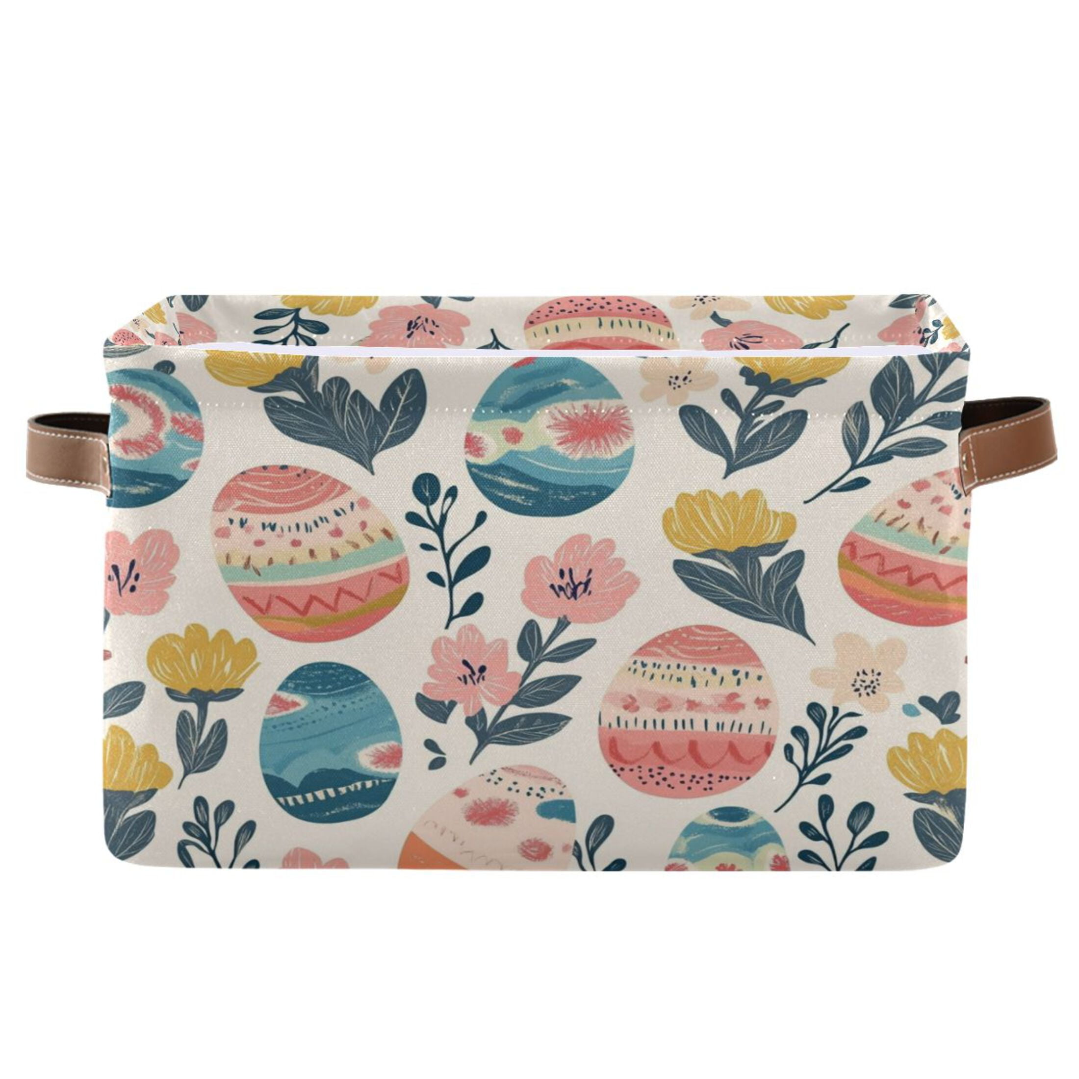 WOBOGO Happy Easter Eggs Square Storage Basket with Waterproof Canvas and PE Lining Durable PU Leather Handles 14.2×10.2×8.3in
