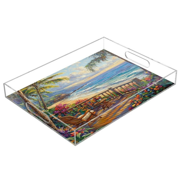 WOBOGO Hawaii Beach Acrylic Serving Trays 15.7x11.8 Inch Spill Proof Clear Decorative Organizer with Handle