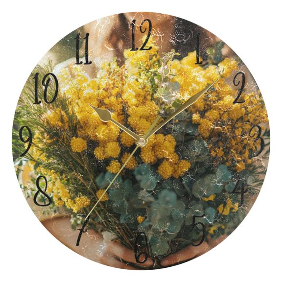 WOBOGO Hold Yellow Flower Wall Clock 10in Silent Mechanism Battery Operated Retro Style for Living Room Bedroom and Kitchen Gold Pointer