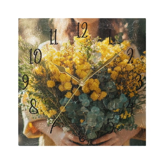 WOBOGO Hold Yellow Flower Wall Clock 7.78 Inch Battery Operated Silent Unit Square Rustic Vintage Style for Home Bedroom Office Gold Pointer