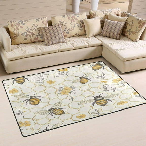 WOBOGO Honeycomb with Bees Pattern Carpet Non-Slip Rugs Soft Doormat 60×39in Living Dining Room Bedroom Decorative