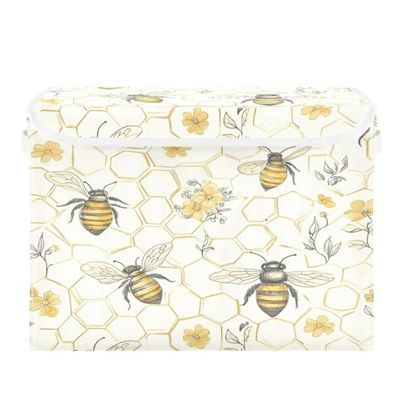 WOBOGO Honeycomb with Bees Pattern Large Collapsible Storage Box Flip Lid Fabric Decorative Organizer Container Basket with Handles 16.512.611.8in