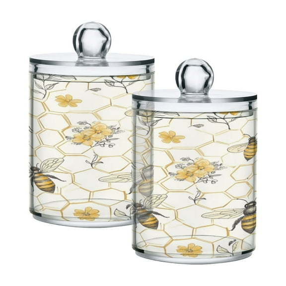 WOBOGO Honeycomb with Bees Pattern Transparent Plastic Jar 2pcs Cotton Swabs Balls Pads Floss Stick Dispenser Bathroom Vanity Storage Organizer