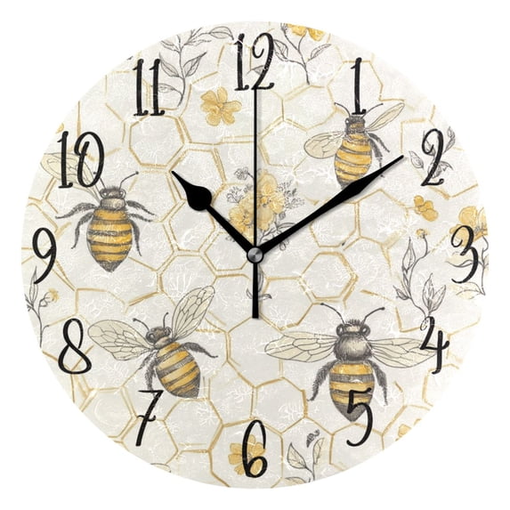 WOBOGO Honeycomb with Bees Pattern Wall Clock 10in Silent Mechanism Battery Operated Retro Style for Living Room Bedroom and Kitchen Black Pointer