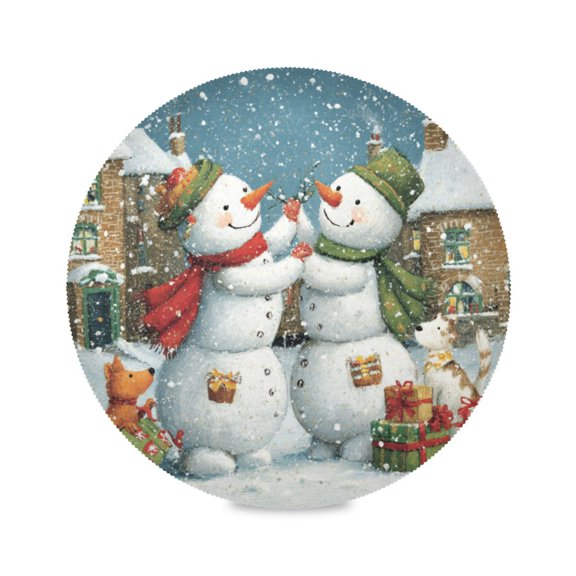 WOBOGO Hugging Snowmen Round Placemats Set of 1 Heat Resistant Washable Kitchen Table Decorations 15.4in