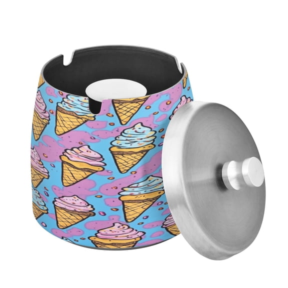 WOBOGO Ice Cream Cones Cartoon Patterns Ashtray with Lid Stainless Steel Smokeless Odorless Windproof for Home Bedroom Office Desk Patio Outdoor Balcony