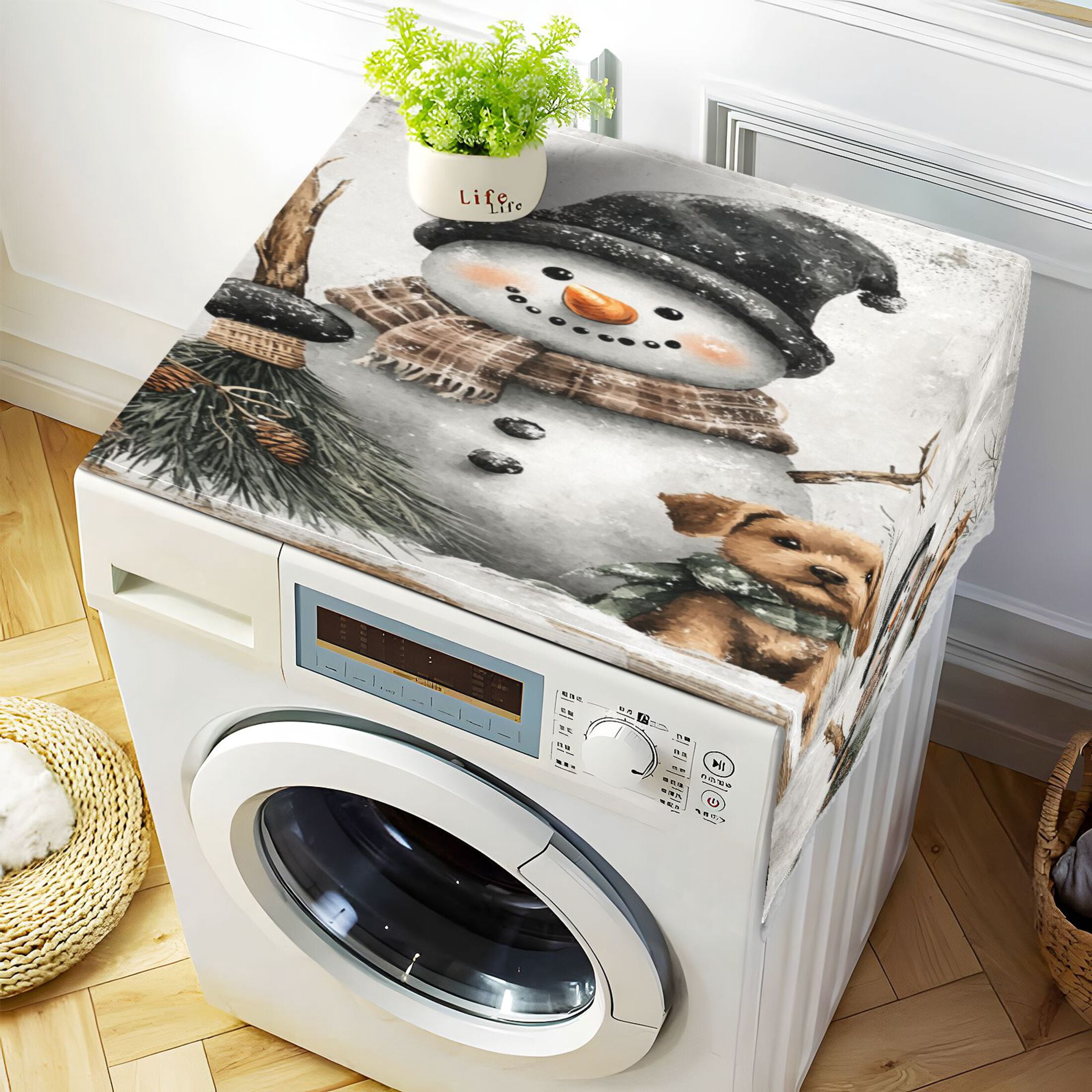 WOBOGO Illustrated Snowman and A Little Brown Dog Washing Machine Cloth Dryer Refrigerator Top Cover Protective Non-Slip Mat For Kitchen Laundry
