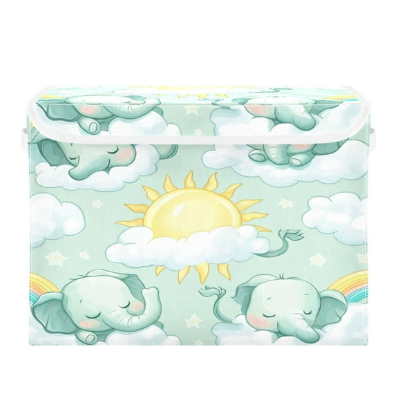 WOBOGO Illustration Of Cartoon Sleeping Baby Elephants Large Collapsible Storage Box Flip Lid Fabric Decorative Organizer Container Basket with Handles 16.512.611.8in