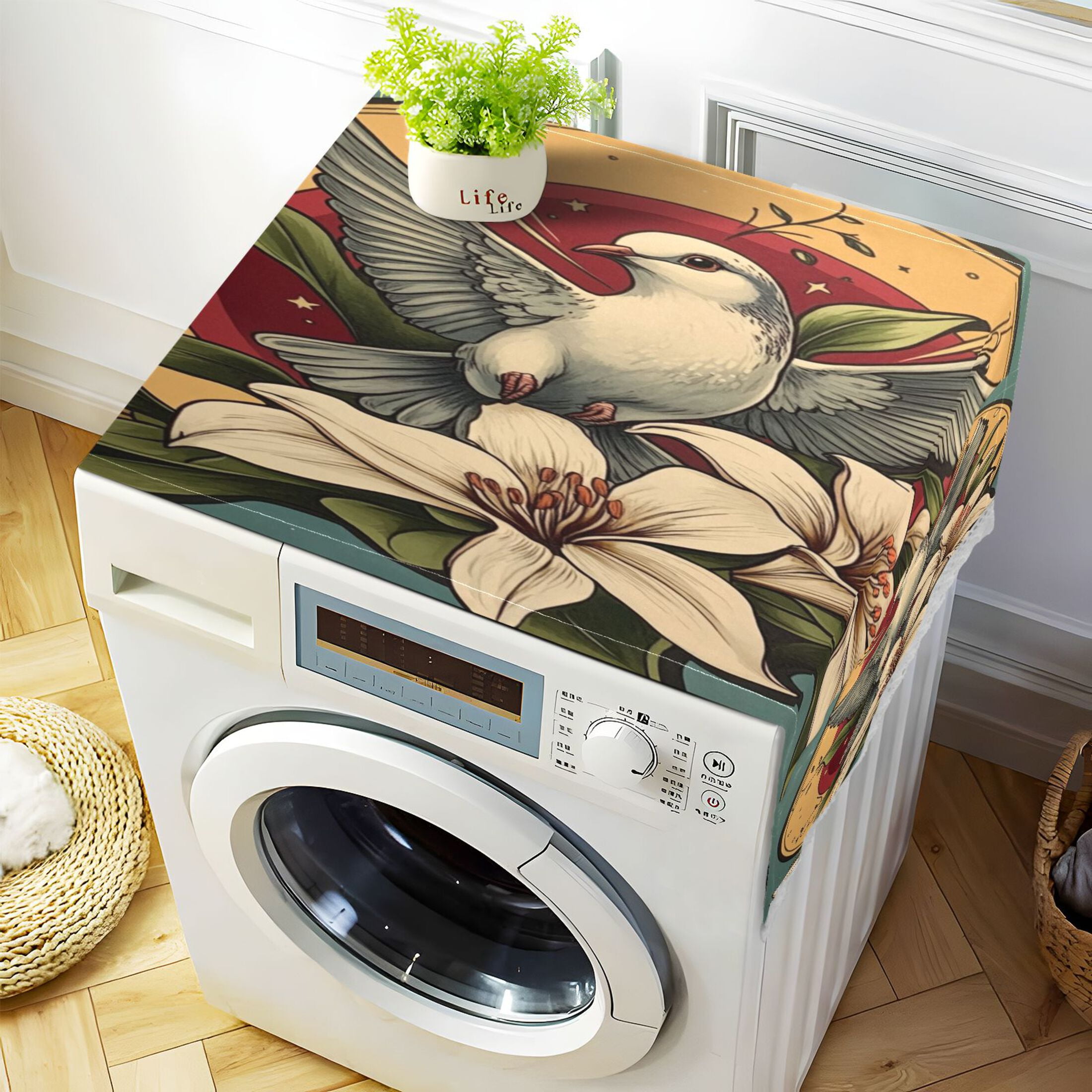 WOBOGO Illustration Of A Dove Of Peace with White Lily Washing Machine Cloth Dryer Refrigerator Top Cover Protective Non-Slip Mat For Kitchen Laundry