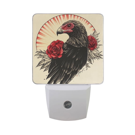 WOBOGO Illustration Of A Vulture with Red Roses on Its Back LED Night Light 2 Pcs Set 0.5 Watt Wall Plug in Dusk to Dawn Automatic Switch Soft White Light