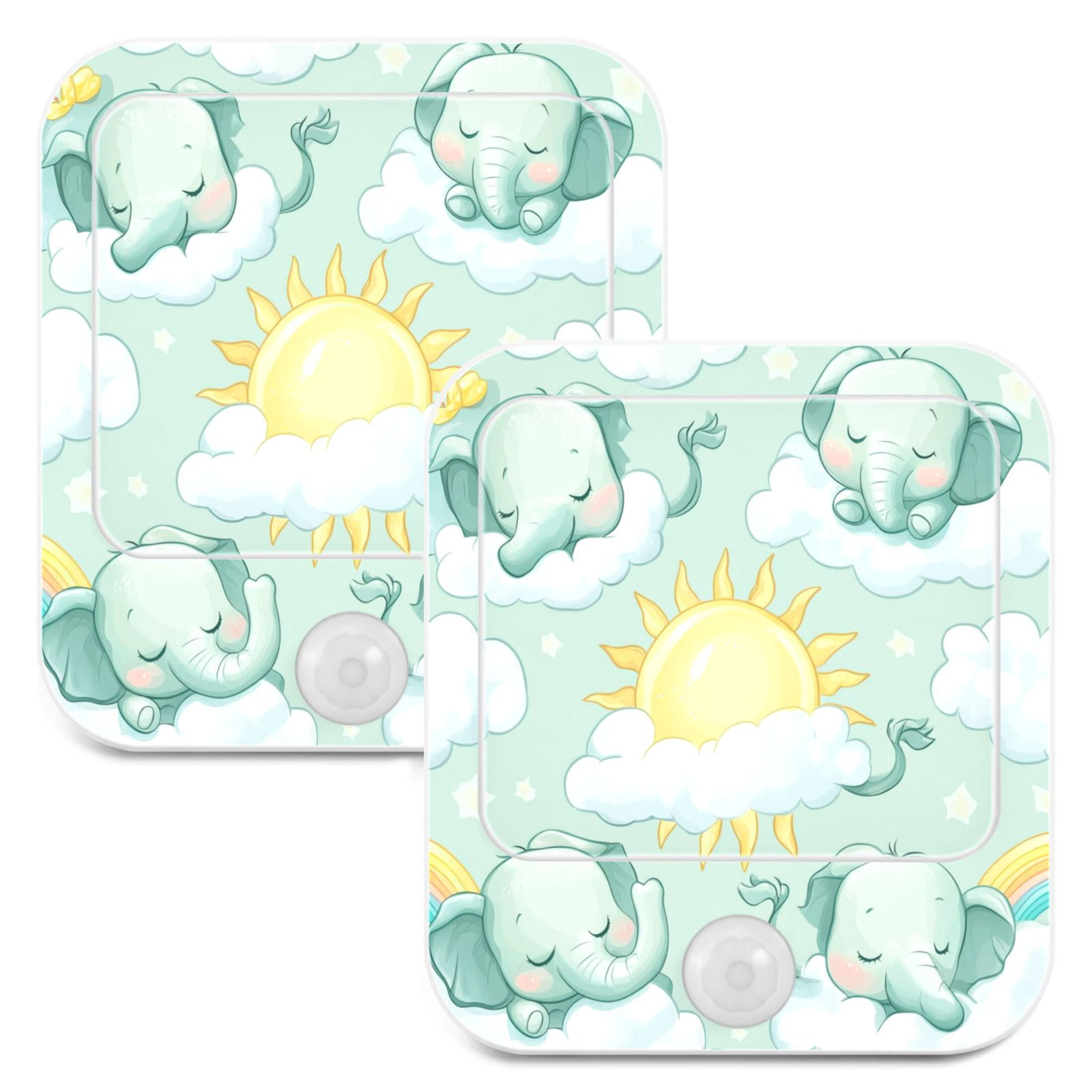 WOBOGO Illustration Of Cartoon Sleeping Baby Elephants Night Light Lamp with Smart Sensor Dusk to Dawn Sensor 0.6W Plug-in 2-Pack