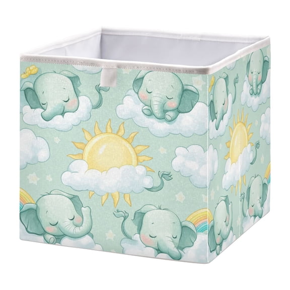 WOBOGO Illustration Of Cartoon Sleeping Baby Elephants Storage Basket Foldable Easy to Clean Durable with Hollow Support Plate with Handle 15.75×10.63×6.96 in