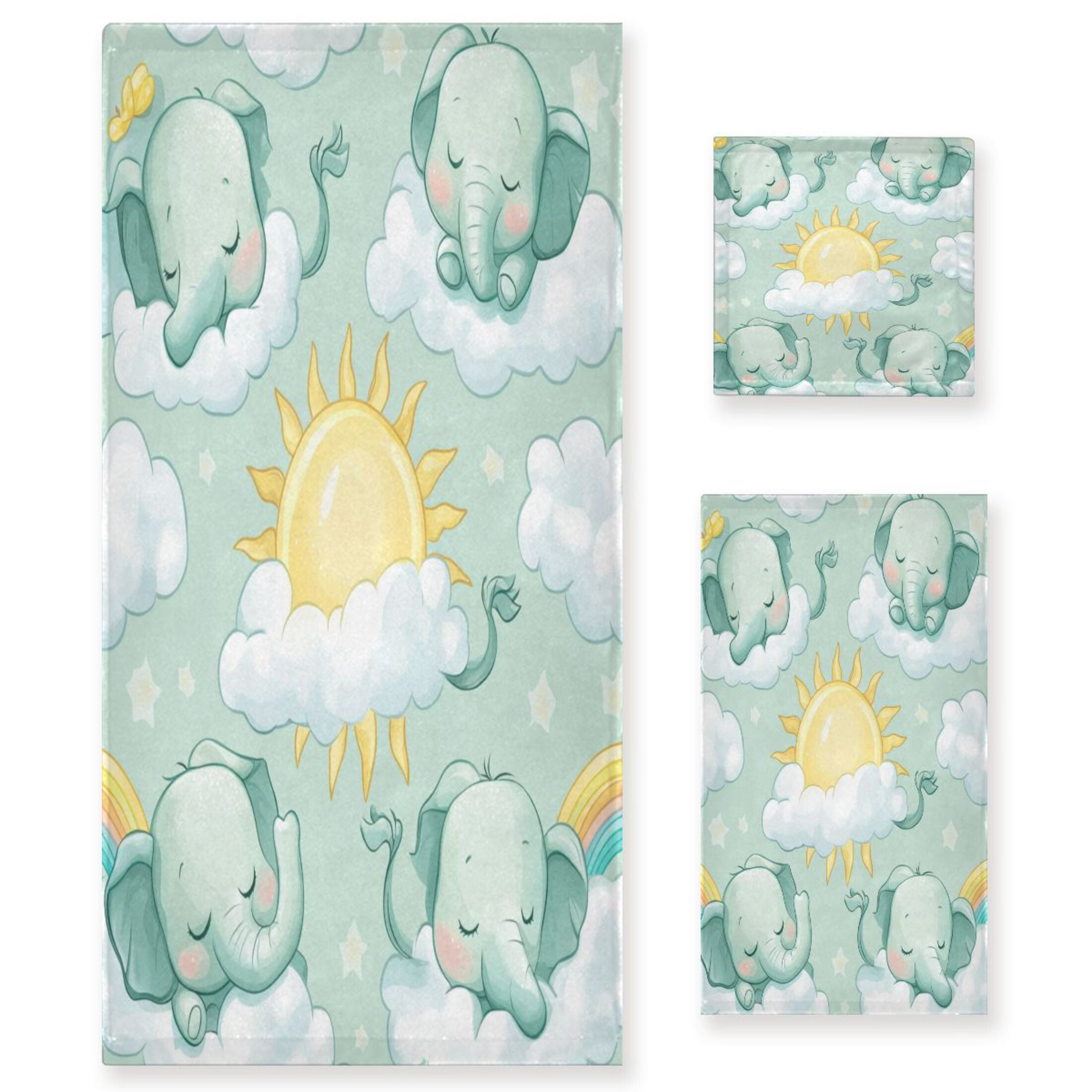 WOBOGO Illustration Of Cartoon Sleeping Baby Elephants Ultra Soft 3 Pack Cotton Towel Set for Everyday Use Lightweight and Compact