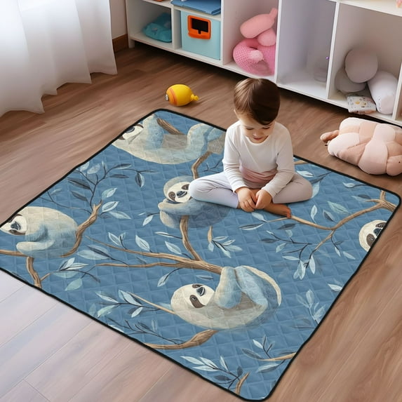 WOBOGO Illustration Of Cute Sloth Lying on The Tree Baby Playmats Extra Large Waterproof Rollable Activity Pads for Toddlers 50×50inch