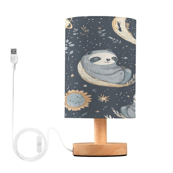 WOBOGO Illustration Of Cute Sloth in Space Bedroom Table Lamp USB Power Connector Wooden Base Round Linen Shade For Living Room Desk