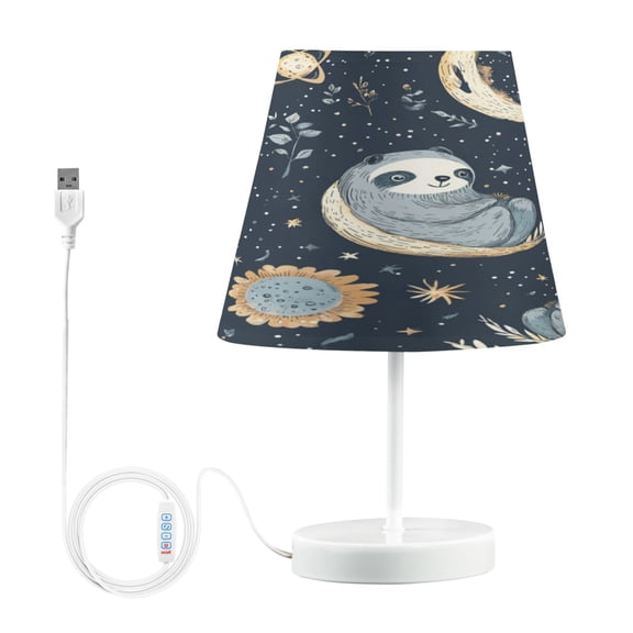 WOBOGO Illustration Of Cute Sloth in Space Table Lamps Bedroom 3-Speed Dimmable Farm Style with Fabric Shade for Reading and Home Office