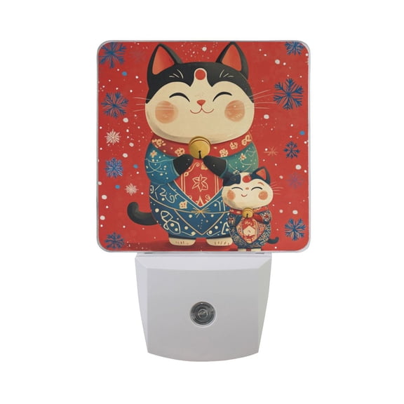 WOBOGO Illustration Of Fortune Cats with Blue Snowflakes LED Night Light 2 Pcs Set 0.5 Watt Wall Plug in Dusk to Dawn Automatic Switch Soft White Light