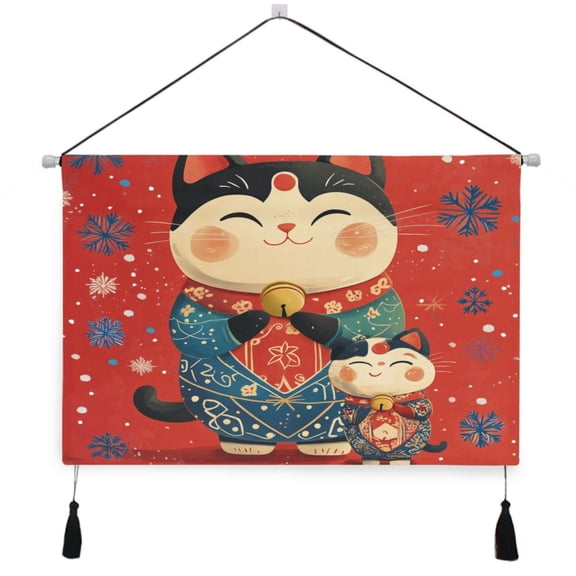 WOBOGO Illustration Of Fortune Cats with Blue Snowflakes Living Room Canvas Wall Art Bedroom Study Framed Canvas Print Artwork Home Office Decorations 24.516.7in