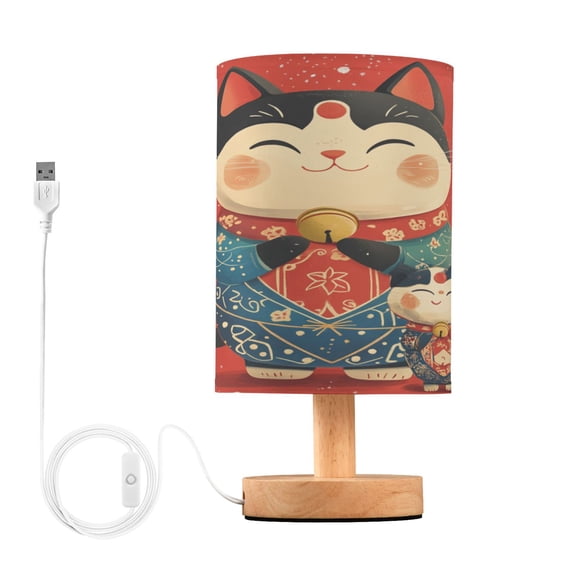 WOBOGO Illustration Of Fortune Cats with Blue Snowflakes Bedroom Table Lamp USB Power Connector Wooden Base Round Linen Shade For Living Room Desk
