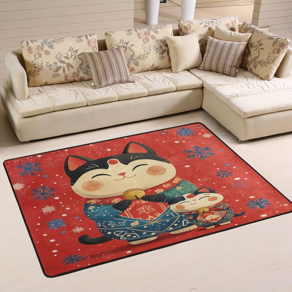 WOBOGO Illustration Of Fortune Cats with Blue Snowflakes Carpet Non-Slip Rugs Soft Doormat 36×24in Living Dining Room Bedroom Decorative