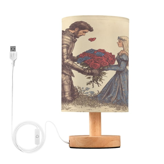 WOBOGO Illustration Of Knight Sending Flowers To Princess Bedroom Table Lamp USB Power Connector Wooden Base Round Linen Shade For Living Room Desk