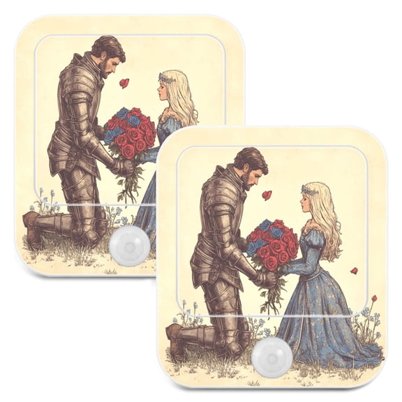 WOBOGO Illustration Of Knight Sending Flowers To Princess Night Light Lamp with Smart Sensor Dusk to Dawn Sensor 0.6W Plug-in 2-Pack