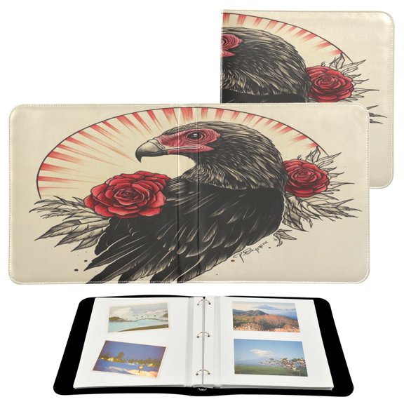 WOBOGO Illustration Of A Vulture with Red Roses on Its Back Photo Albums 20 Pages Large Capacity DIY Self-adhesive Page PU Leather Cover for Family Wedding Anniversary Baby Vacation Photos 2411.8in