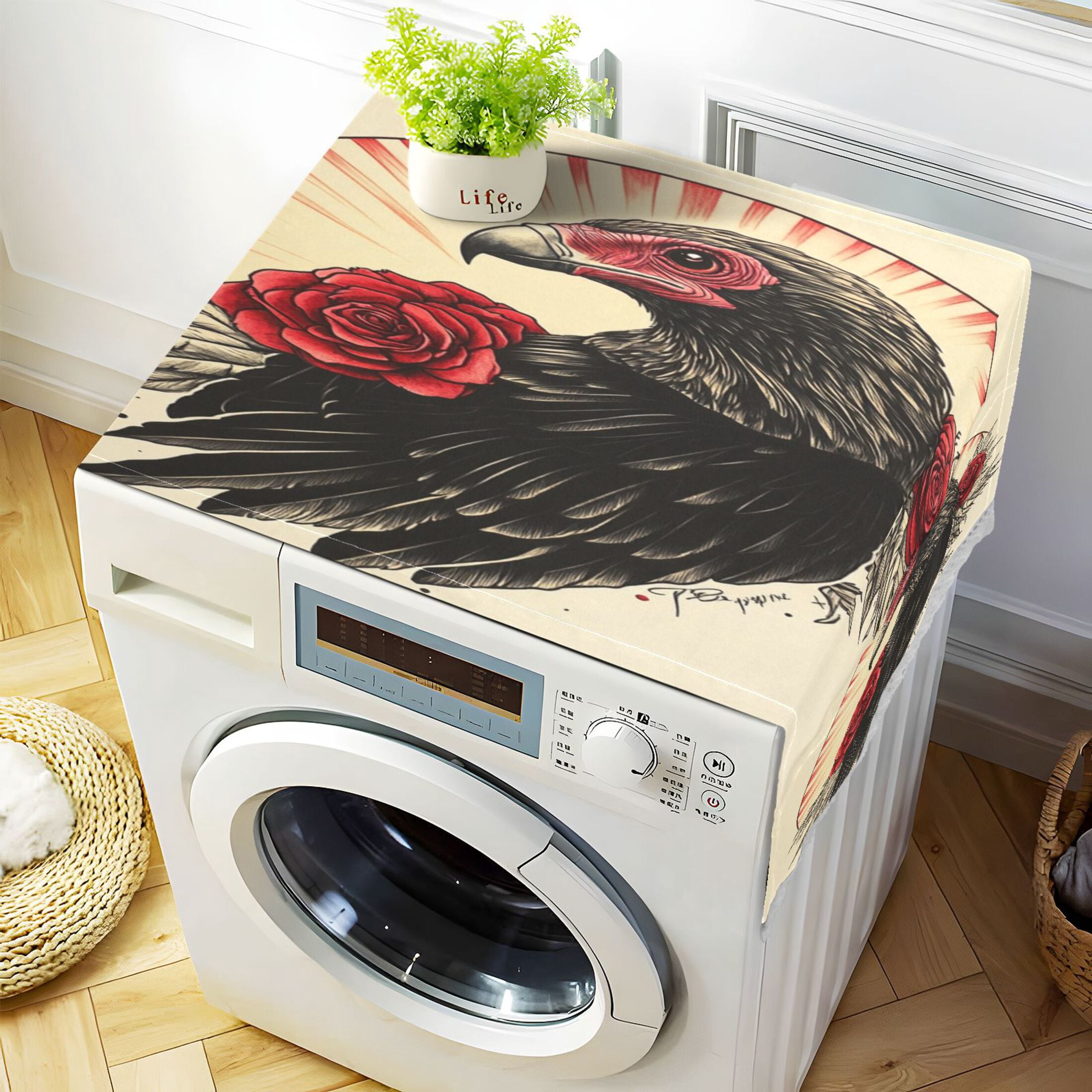 WOBOGO Illustration Of A Vulture with Red Roses on Its Back Washing Machine Cloth Dryer Refrigerator Top Cover Protective Non-Slip Mat For Kitchen Laundry