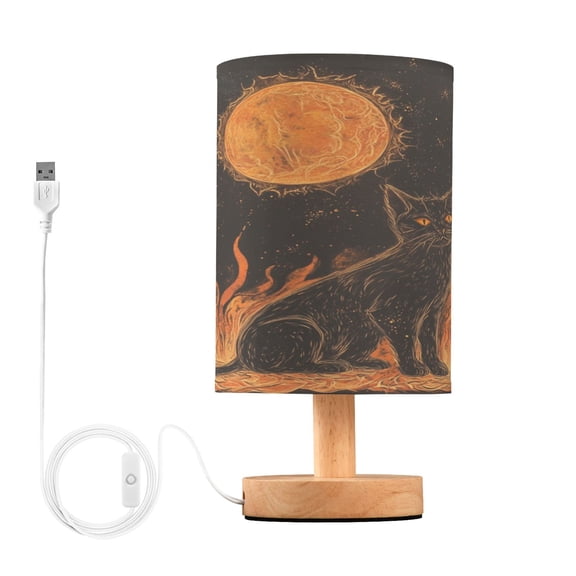 WOBOGO Inferno Feline Illuminated Folio Bedroom Table Lamp USB Power Connector Wooden Base Round Linen Shade For Living Room Desk