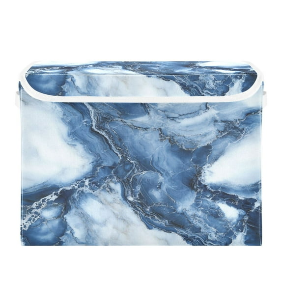 WOBOGO Ink Blue White Marble Large Collapsible Storage Box Flip Lid Fabric Decorative Organizer Container Basket with Handles 16.512.611.8in
