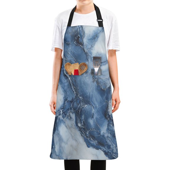 WOBOGO Ink Blue White Marble Long Apron Waterdrop Resistant with 2 Pockets Cooking Kitchen Chef Apron for Women Men