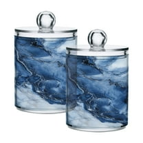 WOBOGO Ink Blue White Marble Transparent Plastic Jar 2pcs Cotton Swabs Balls Pads Floss Stick Dispenser Bathroom Vanity Storage Organizer