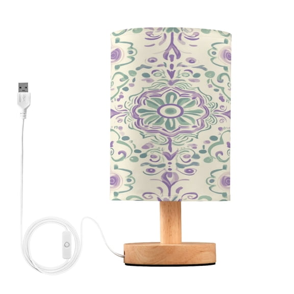 WOBOGO Intricate Indian Patterns Bedroom Table Lamp USB Power Connector Wooden Base Round Linen Shade For Living Room Desk