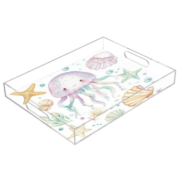 WOBOGO Jellyfish Shell Figure Acrylic Serving Trays 15.7x11.8 Inch Spill Proof Clear Decorative Organizer with Handle