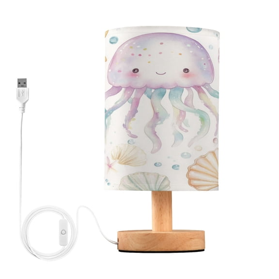 WOBOGO Jellyfish Shell Figure Bedroom Table Lamp USB Power Connector Wooden Base Round Linen Shade For Living Room Desk
