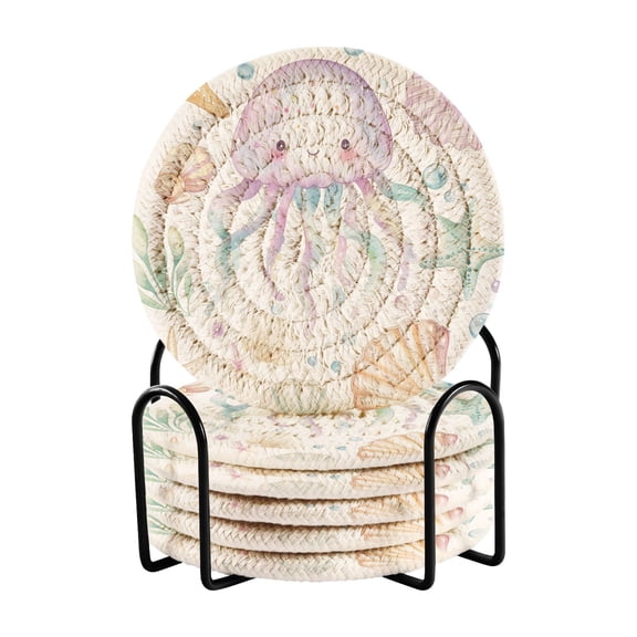 WOBOGO Jellyfish Shell Figure Coil Coasters Set of 6 Minimalist Cotton Woven 3.94 inch Non-Slip Insulated and Absorbent Home Accessories.
