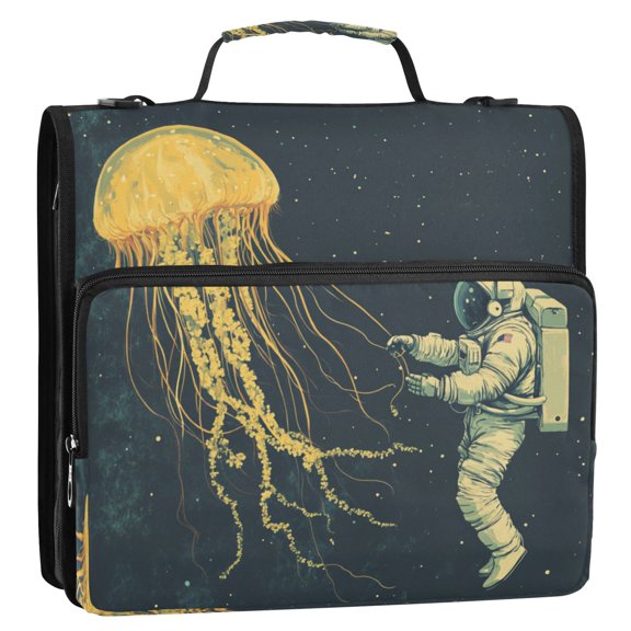 WOBOGO Jellyfish and Astronaut Ring Binder Bag 1.5in Folder Organizer with Shoulder Strap for 13Inch Laptop and 500 Sheets of Paper