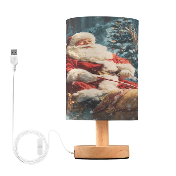 WOBOGO Jolly Santa Claus Bedroom Table Lamp USB Power Connector Wooden Base Round Linen Shade For Living Room Desk