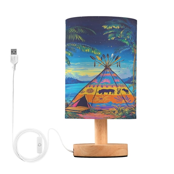 WOBOGO Jungle Tent Bedroom Table Lamp USB Power Connector Wooden Base Round Linen Shade For Living Room Desk