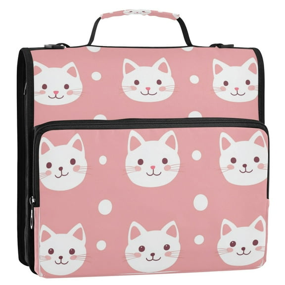 WOBOGO Kawaii Cat Face Pattern Ring Binder Bag 1.5in Folder Organizer with Shoulder Strap for 13Inch Laptop and 500 Sheets of Paper