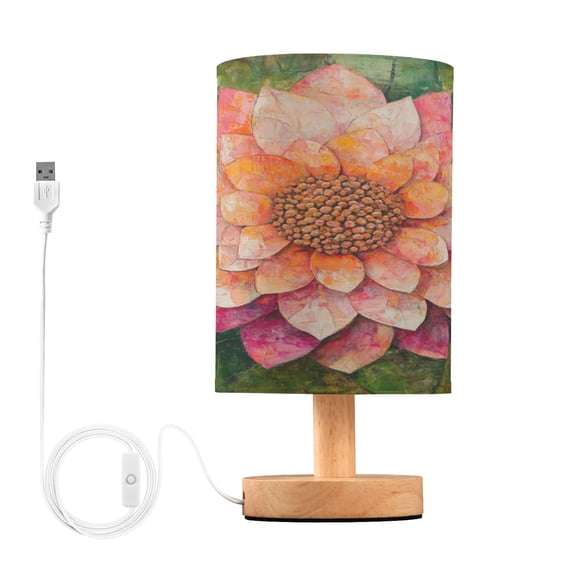 WOBOGO King Flower Bedroom Table Lamp USB Power Connector Wooden Base Round Linen Shade For Living Room Desk