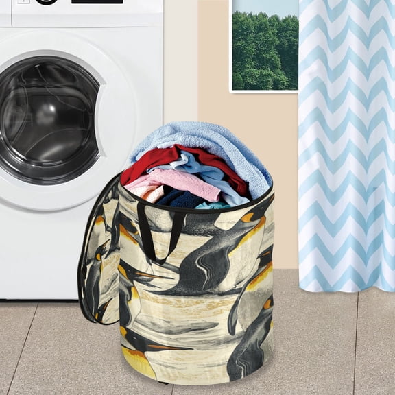 WOBOGO King Penguin Foldable Laundry Baskets with Carry Handle Zipper Closure Travel Bathroom College Dorm Essentials