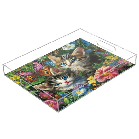WOBOGO Kitten Flower Picture Acrylic Serving Trays 15.7x11.8 Inch Spill Proof Clear Decorative Organizer with Handle