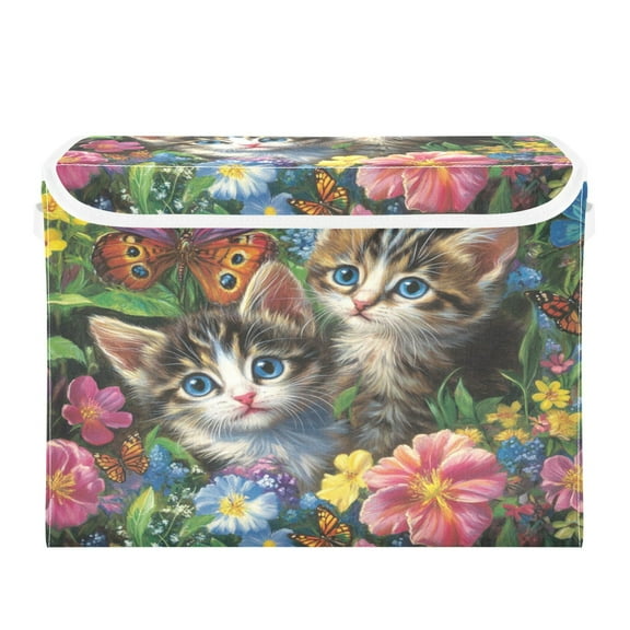 WOBOGO Kitten Flower Picture Large Collapsible Storage Box Flip Lid Fabric Decorative Organizer Container Basket with Handles 16.512.611.8in