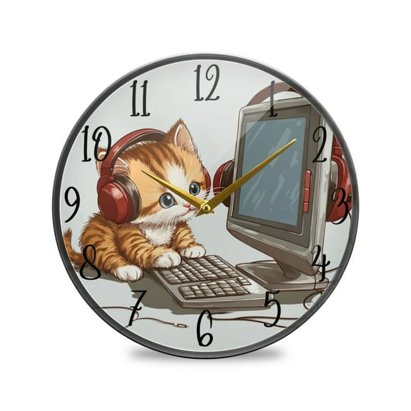 WOBOGO Kittens Play Computer Acrylic Wall Clock Battery Operated 9.5in Silent No Tick Bedroom Living Room Office Classroom Decoration